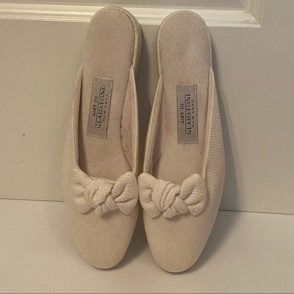 AMY JO GLADSTONE NEW SHOES SLIPPERS MULES WHITE TEXTURED FABRIC BOW - Picture 1 of 11